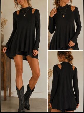 Free People Black Knit Tunic Cold Shoulder High Neck Choker Boho Top - Size M
